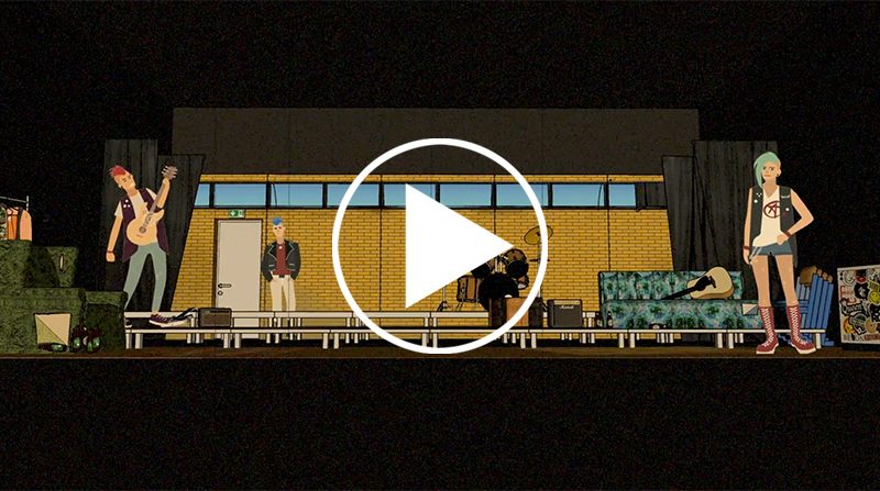 Ein animiertes Bühnenbild des Stückes DORFPUNKS, in einem Raum mit gelber Backsteinwand und Fenstern im Hintergrund stehen drei junge Punks, um sie herum finden sich diverse Musikinstrumente und zusammengewürfelte Möbel